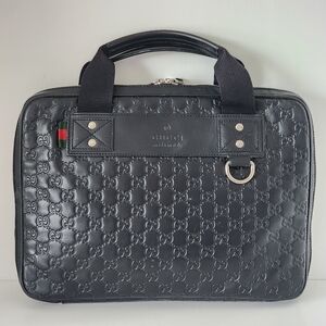 Authentic Gucci Black Leather Monogram Guccissima Top Handle Laptop Bag